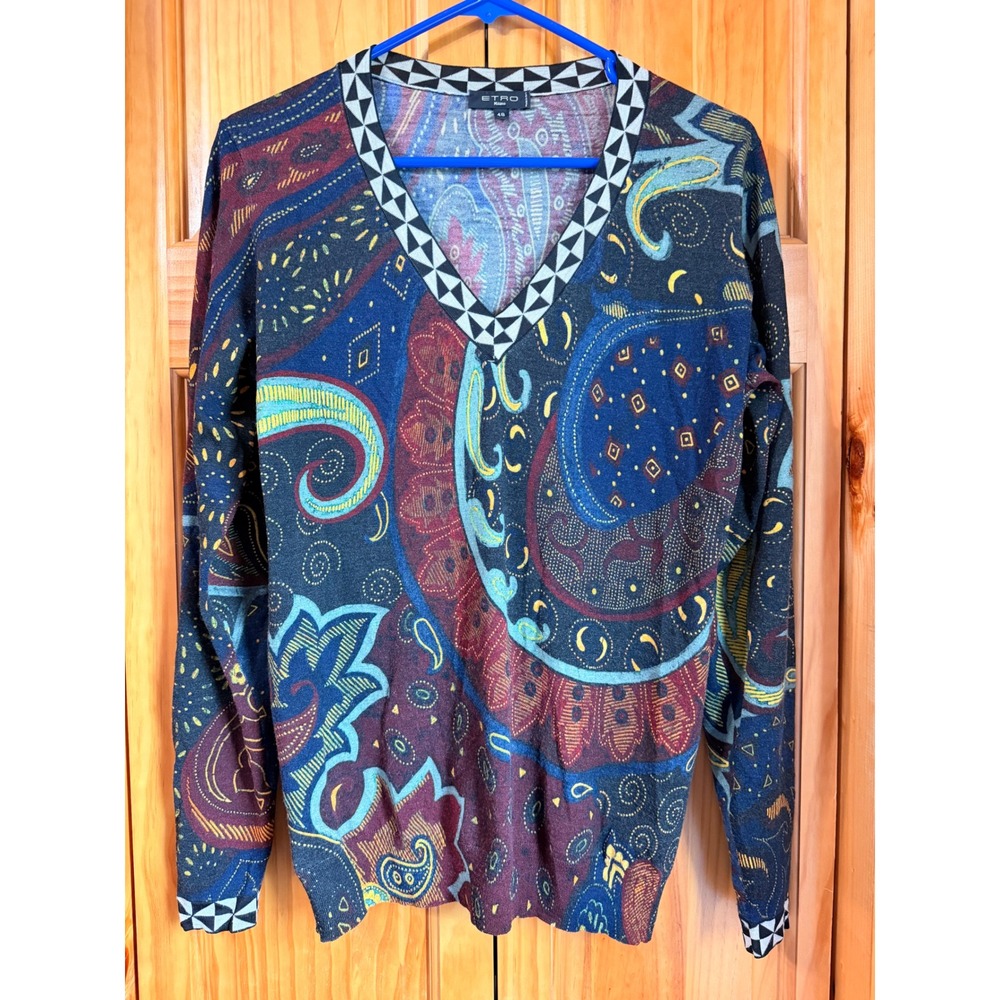 ETRO Milano Sweater 48 Wool Blend Floral Paisley Red Green Blue Geometric V-Neck